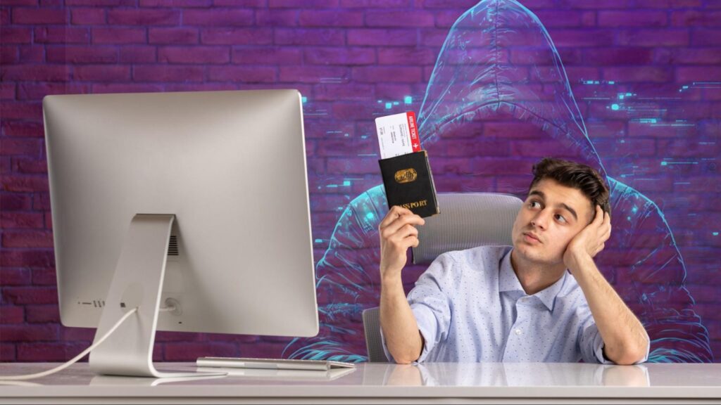 Boy Looking at the Passport sitting on chair with desktop - Travel Insurance in Dubai UAE